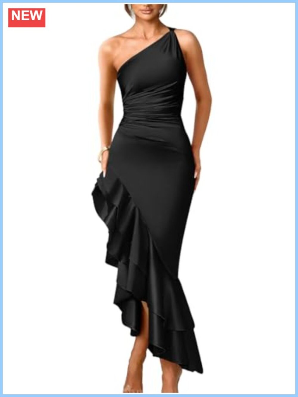 LAGSHIAN Satin One Shoulder Ruched Asymmetric Ruffle Cocktail Maxi Dress